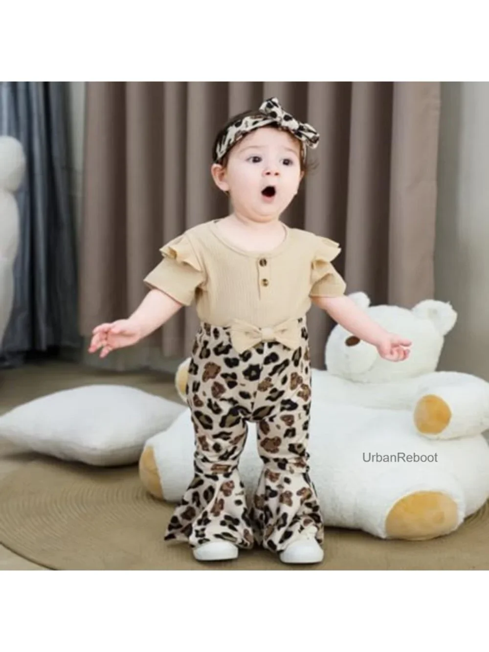 Baby Girl Cotton Romper Set with Leopard Flared Pants and Headband